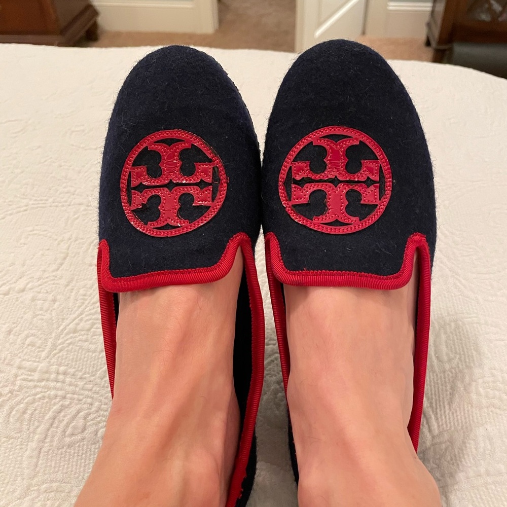 Tory Burch Navy & Red Loafers, Flats, Loafer, Shoes, Ballet Flat